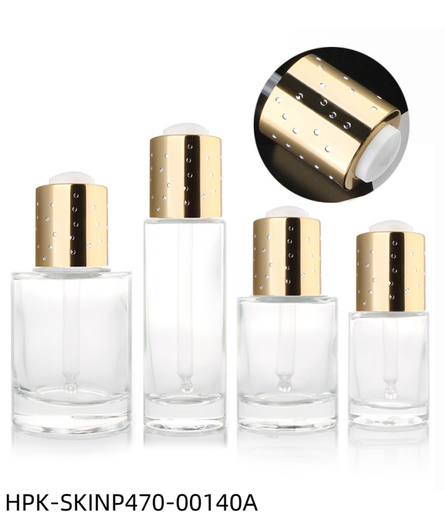 Thick Base Glass Bottle with Diamond-studded Metalized Push-button Pipette Cap